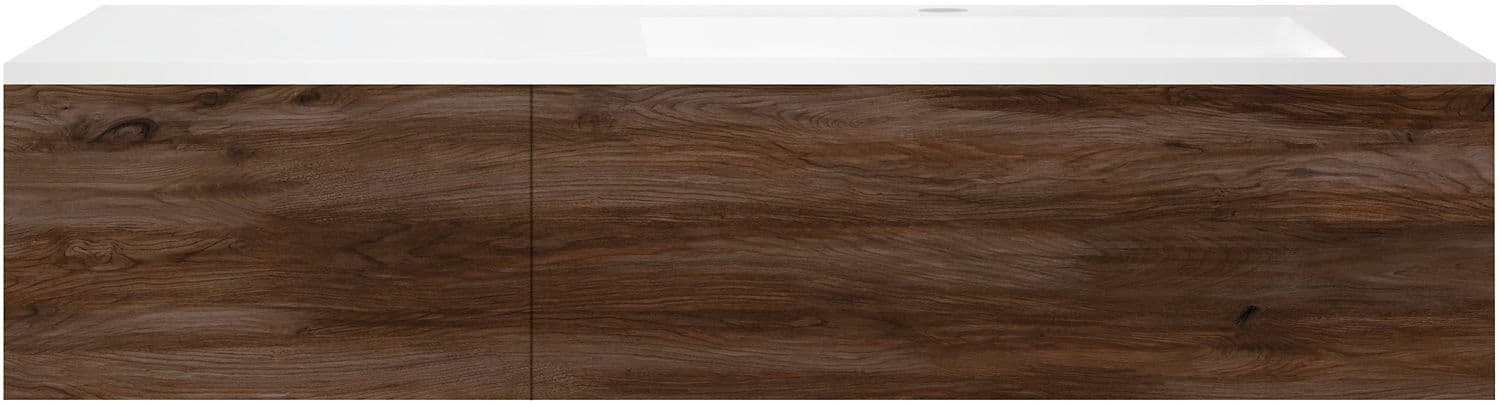 SOUS MEUBLE COFFEE 2 TIROIRS 140 NOYER DECOR VELOURS+LAVABO EN MARBRE SYNTHETIQUE DROITE BLANC MAT