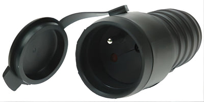 Prise 2 pôles + T femelle - 16A - IP44 - Noir - clapet de protection - caoutchouc