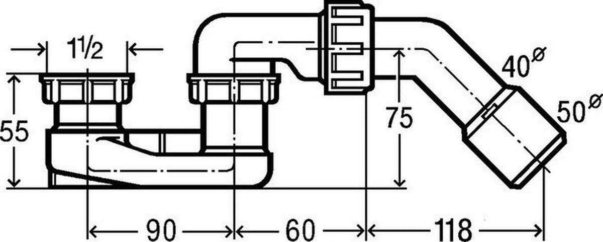 Viega bathtub siphon 6/4" outlet with 45° drain bend D40/D50 PP white