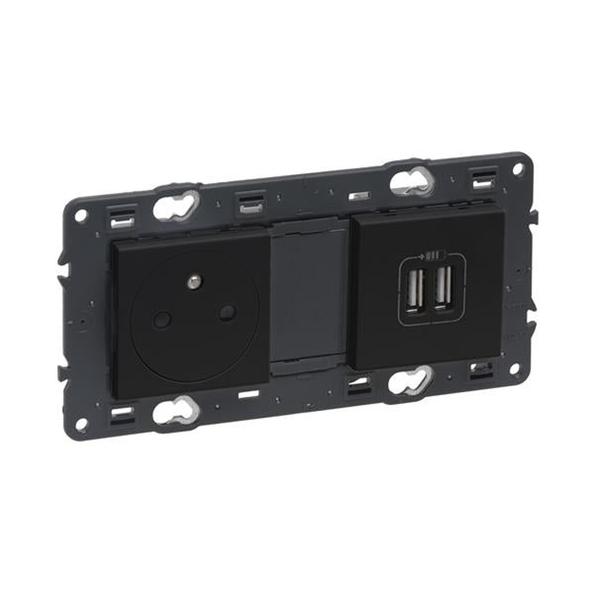 Valena prise 2 pôles + T + 2 x Usb affleurant appareil complet Noir à vis