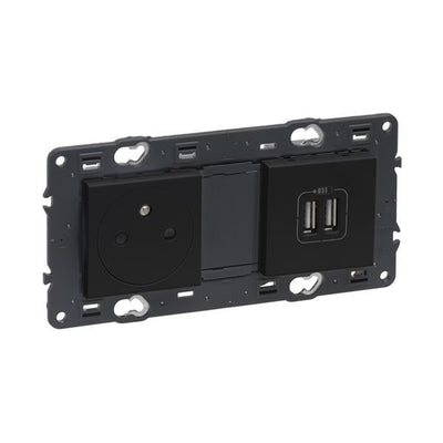Valena prise 2 pôles + T + 2 x Usb affleurant appareil complet Noir à vis