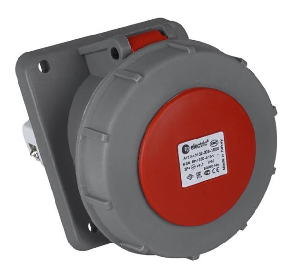 Prise CEE femelle semi-encastrée inclinée 100 x 107mm 4 x 63A avec contact pilote 380 - 415Vac Rouge