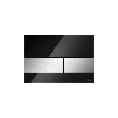 PLAQUE DE DECLENCHEMENT WC TECESQUARE, DOUBLE TOUCHES, VERRE NOIR, TOUCHES INOX BROSSE (AVEC ANTI-TRACE DE DOIGTS)