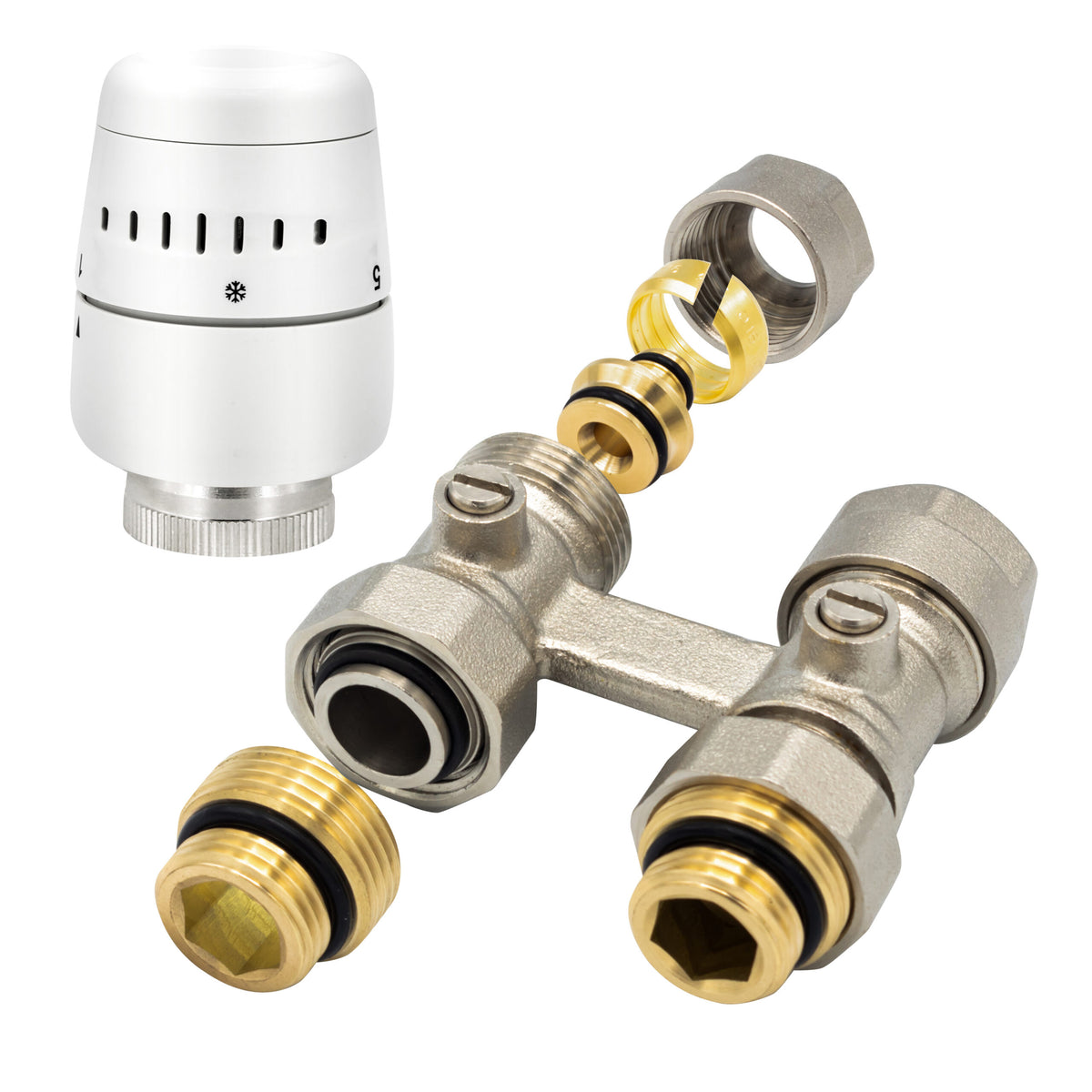 BELRAD H-BLOC – KIT DE RACCORDEMENT DE RADIATEUR COMPLET – AVEC TÊTE THERMOSTATIQUE – DROIT - RACCORDEMENT AU SOL – M30 – 1/2MX16/2 – NICKEL/BLANCc