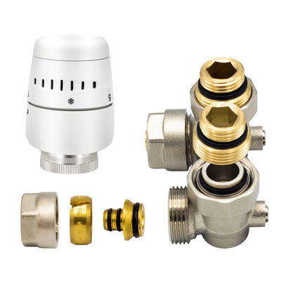 BELRAD H-BLOC – KIT DE RACCORDEMENT DE RADIATEUR COMPLET – AVEC TÊTE THERMOSTATIQUE – EQUERRE – RACCORDEMENT MURAL - M30 – 1/2MX16/2 – NICKEL/BLANC