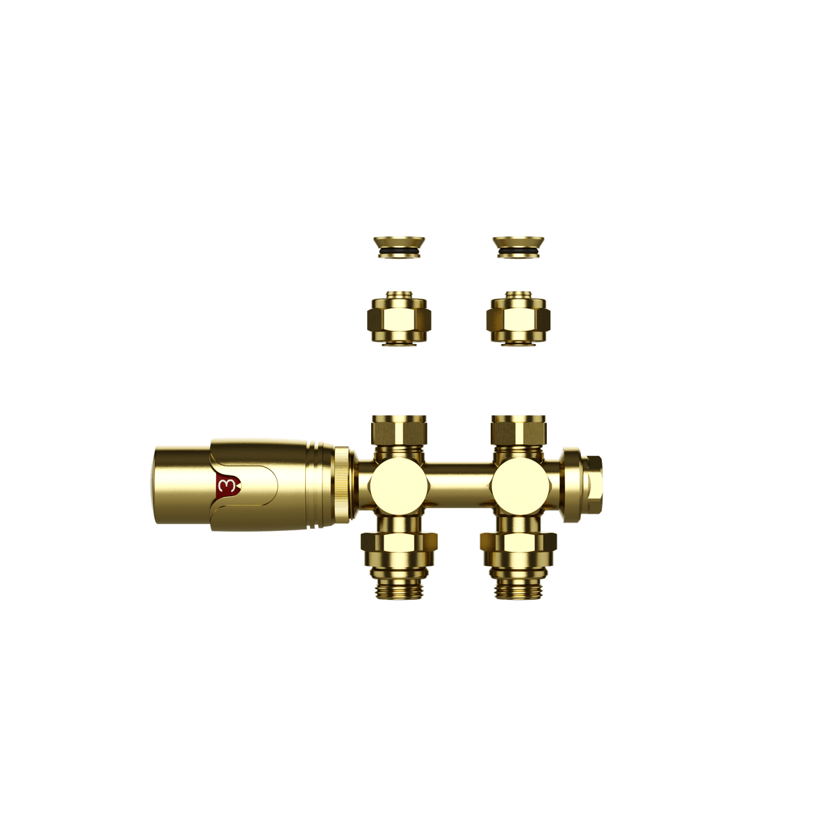 VANNE RADIATEUR THERMOSTATIQUE – DESIGN – RACCORDEMENT MURAL ET AU SOL – 1/2MX16/2 M30 – OR BROSSÉ