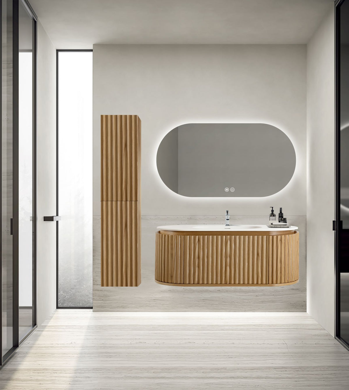 BEGONIA meuble sous-lavabo suspendu 119 x 42 x 52,5 cm – chêne naturel – sans poignées – soft close