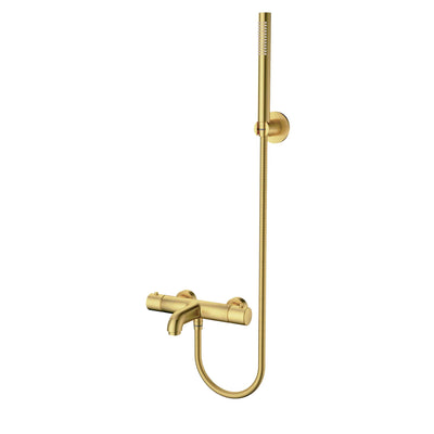ALONI MITIGEUR BAIN ET DE DOUCHE - THERMOSTATIQUE - AVEC FLEXIBLE DE DOUCHE 150 CM, POMME DE DOUCHE ET SUPPORT MURAL - OR BROSSÉ