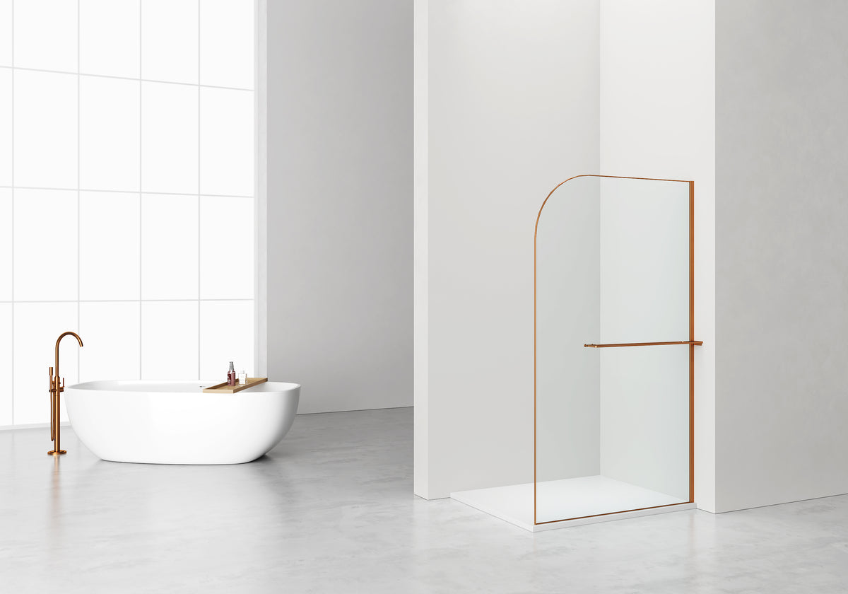 CURVY DOUCHE À L'ITALIENNE AVEC PORTE-SERVIETTE - COURBÉE - TRAITEMENT ANTI-CALCAIRE - RÉVERSIBLE - VERRE DE SÉCURITÉ 8MM - 120X200CM - CUIVRE BROSSÉ - VERRE CLAIR