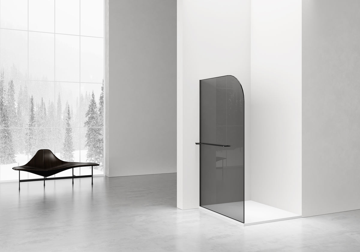 CURVY DOUCHE À L'ITALIENNE AVEC PORTE-SERVIETTE - COURBÉE - TRAITEMENT ANTI-CALCAIRE - RÉVERSIBLE - VERRE DE SÉCURITÉ 8MM - 120X200CM - NOIR MAT - VERRE GRIS FUMÉ