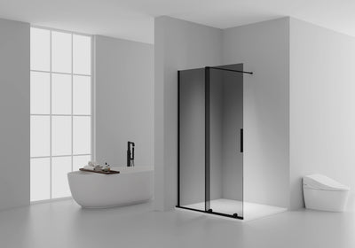 X-SLIDE WALK-IN SHOWER WITH SLIDING DOOR – SLIDING DOOR FOR NICHE – WITH ANTI-LIMESCALE TREATMENT – REVERSIBLE – 8MM SAFETY GLASS – 120X200CM – MATT BLACK – GREY TINTED GLASS
