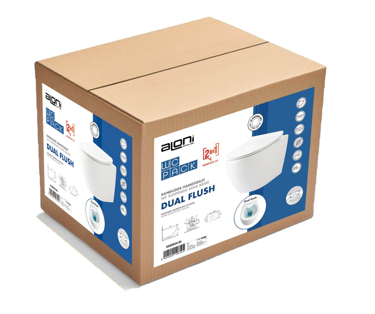 ALONI ECO WC SUSPENDU – SANS BRIDE – AVEC ABATTANT – DUROPLAST – SOFT CLOSE – QUICK RELEASE – COMPACT 49 CM – 36X36X49 CM – BLANC BRILLANT