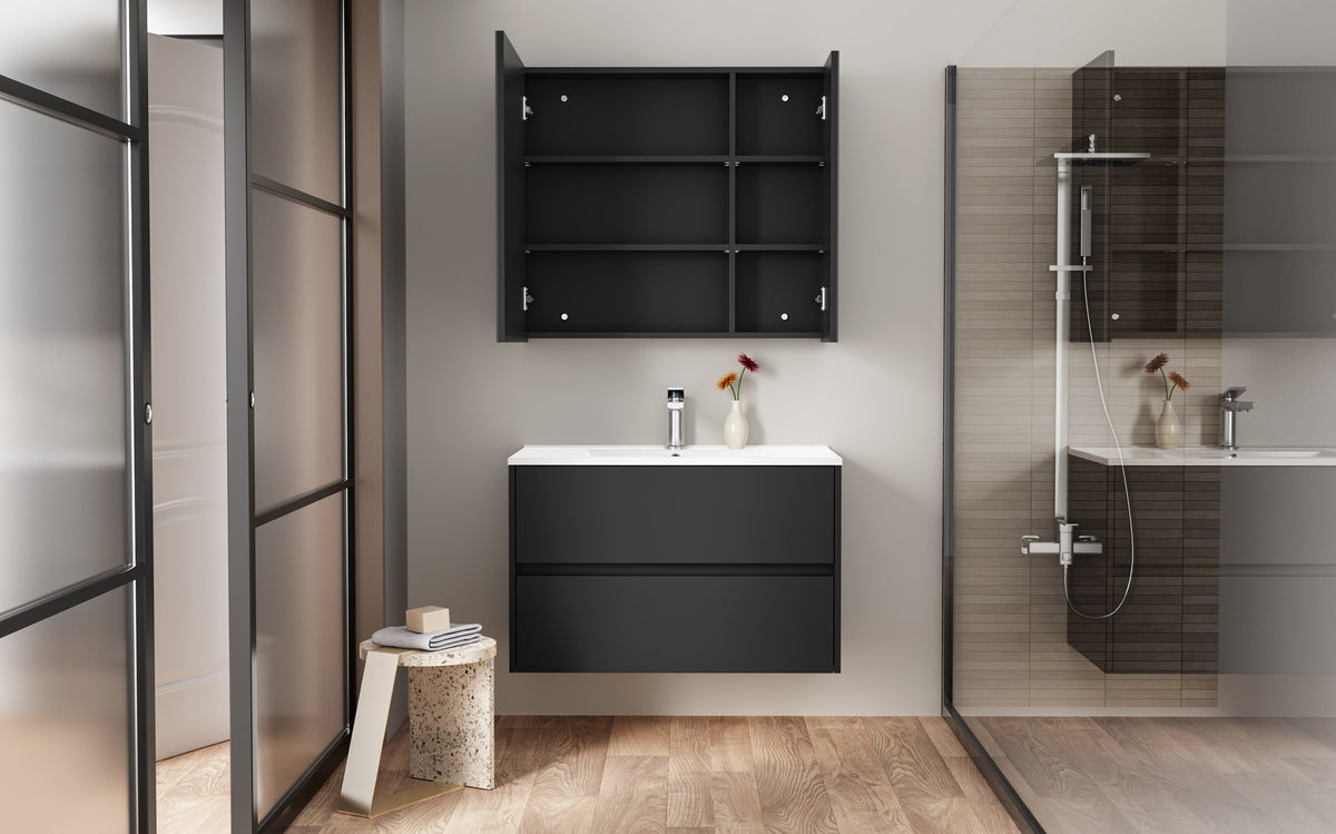 Matt black mirror cabinet - 2 doors - 80x70 cm