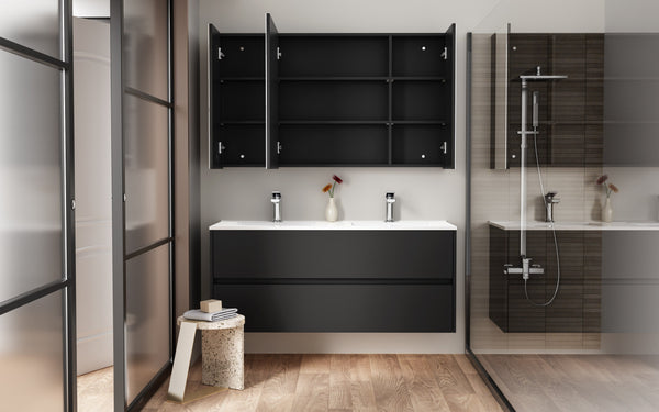 HAYAT ARMOIRE MIROIR - 3 PORTES MIROIRS ASYMÉTRIQUES, À UN SEUL CÔTÉ - 6 ÉTAGÈRES RÉGLABLES EN HAUTEUR - 120X70X15 CM - NOIR MAT