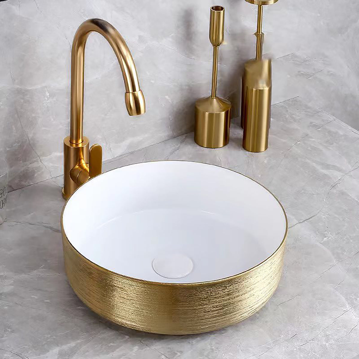 ALONI TURO Wastafel met reliëf - Aanrecht - Geen overloop - Geen kraangat - Keramiek - 36x12x36 cm - Goud/Glanzend wit