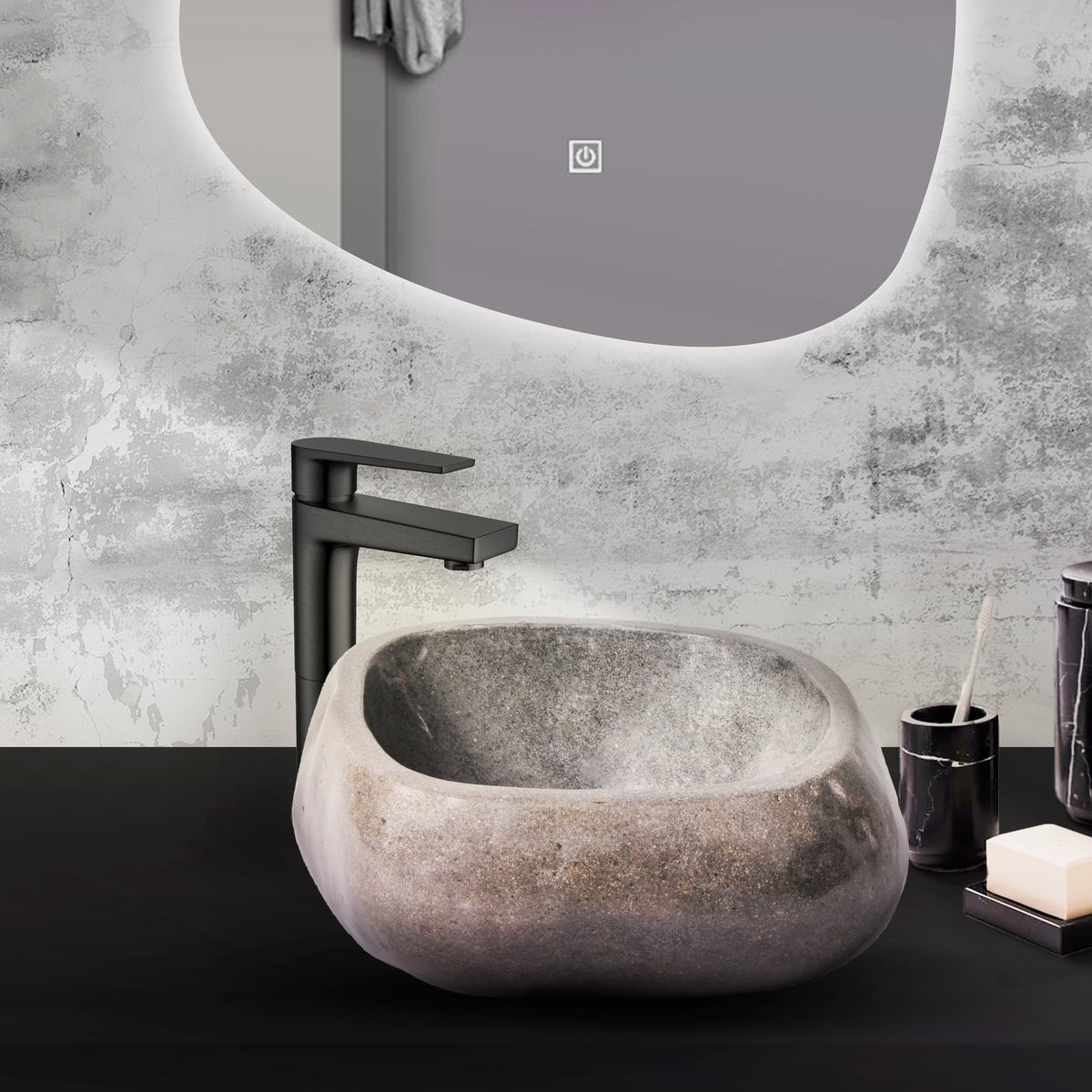 FULLY POLISHED NATURAL RIVER STONE BASIN - BLACK 30-35X15X1.5CM