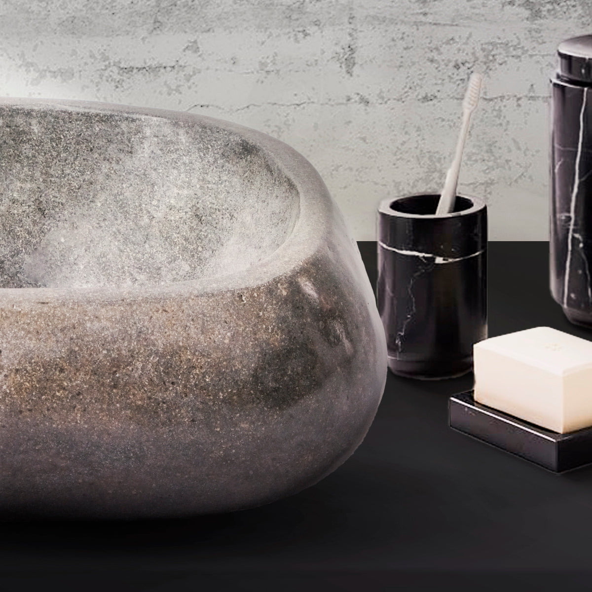FULLY POLISHED NATURAL RIVER STONE BASIN - BLACK 30-35X15X1.5CM