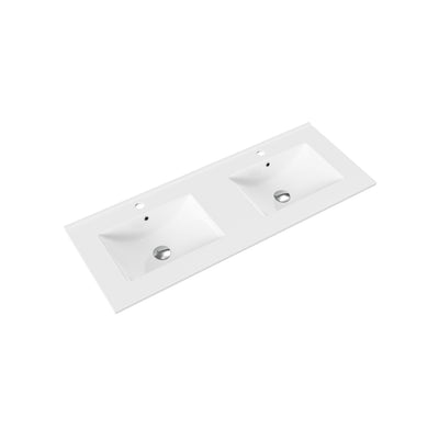 ALONI HAYAT DUBBELE WASBAK MET OVERLOOP, 2 KRAANGATEN, COMPOSIET MARMER, 120 x 1,5 x 45 cm, GLANZEND WIT