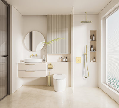 STRIA MITIGEUR DE DOUCHE – 2 VOIES – THERMOSTATIQUE – BOUTONS POUSSOIRS S AVEC STRUCTURE STRIÉE RAFFINÉE – AVEC BOÎTIER D’ENCASTREMENT ET ÉLÉMENT DE FINITION – RECTANGULAIRE – OR BROSSÉ (PVD)