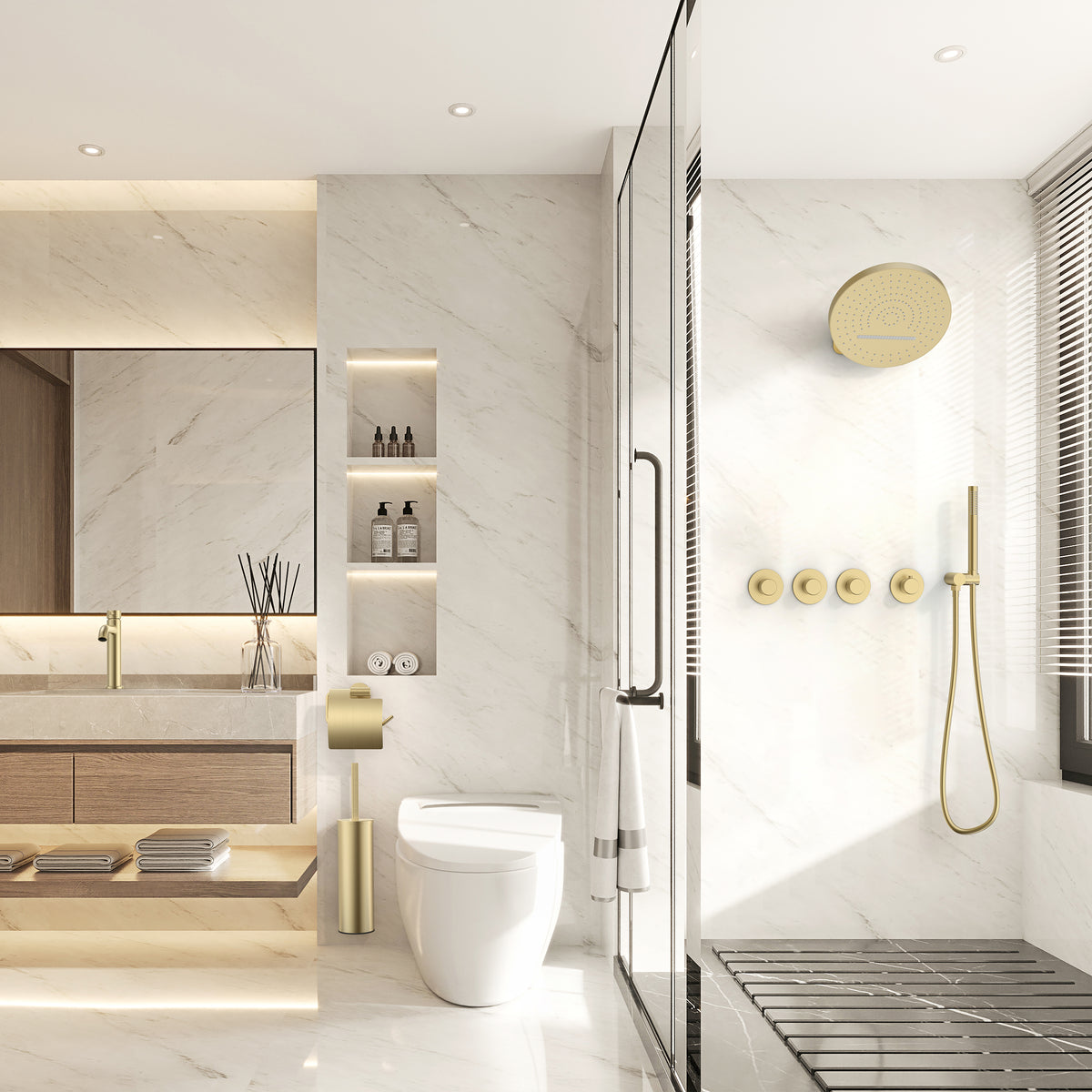 Stria Élément DE Finition Pour Mitigeur DE Douche – 3 Voies Avec 3 Robinets D’Arrêt – Thermostatique – Encastré – Ronde – Boutons S Avec Structure...
