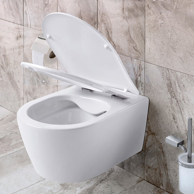 ALONI PRO WC SUSPENDU – SANS BRIDE – AVEC ABATTANT – DUROPLAST – SOFT CLOSE – QUICK RELEASE – COMPACT 49 CM - 36X32X49 CM – BLANC MAT