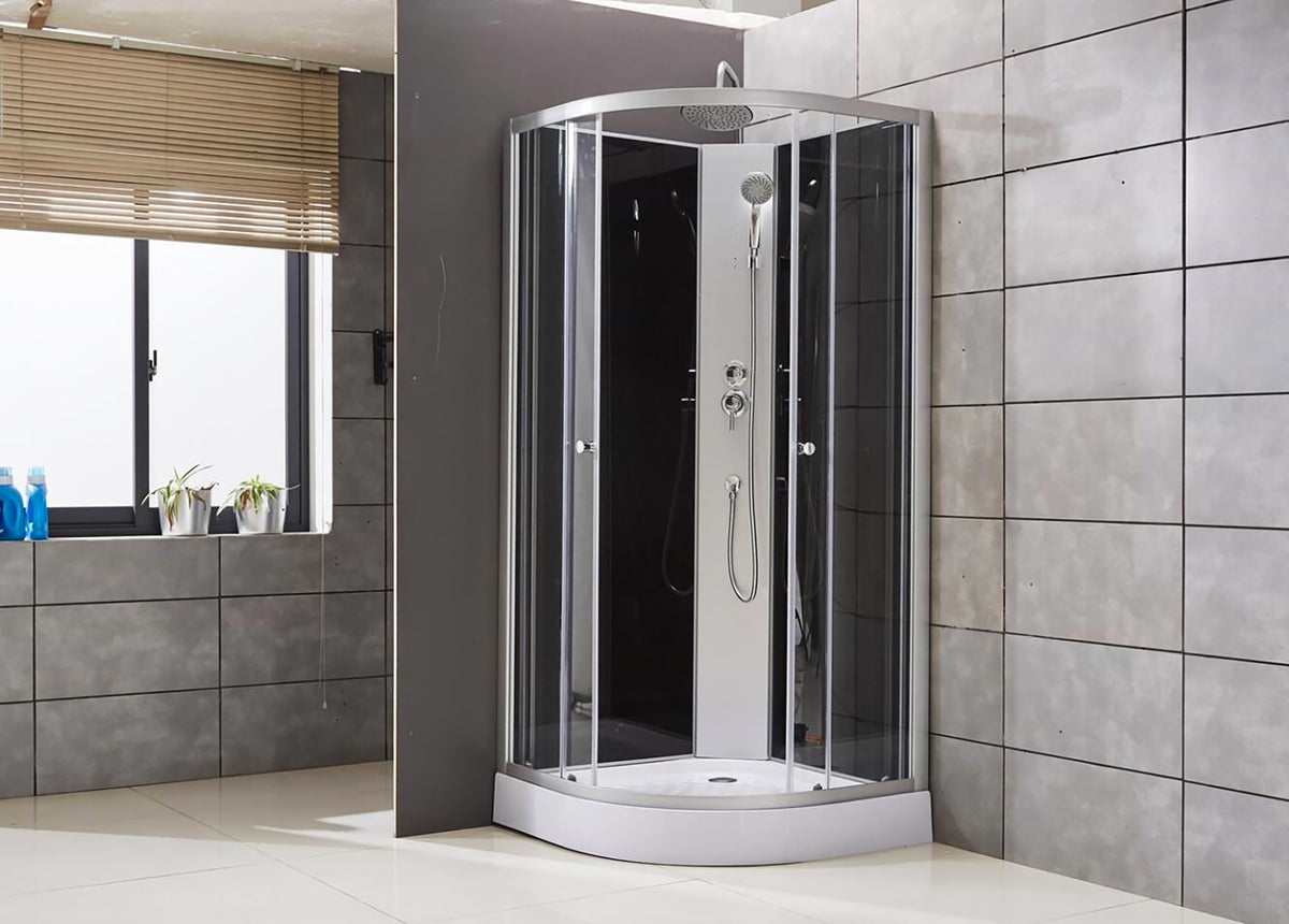 ALONI CABINE DE DOUCHE COMPLÈTE QUART DE ROND – AVEC DOUCHE DE PLUIE – 90X220X90 CM – CHROME MAT – PANNEAUX ARRIÈRE EN VERRE NOIR – PORTES...