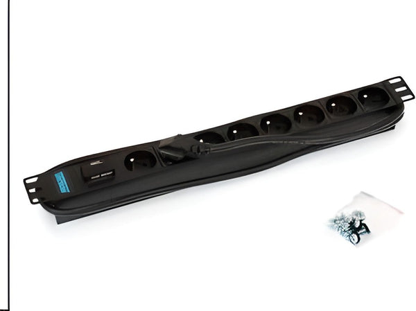 19" distribution panel 1U 8 sockets 16A switch varistor surge protection cable 2m 16A plug 3 x1.5mm²