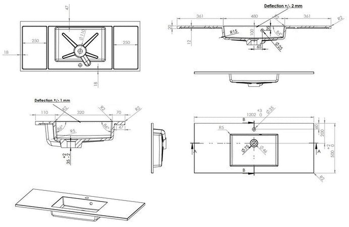 Van Marcke Coste tablet met 1 centrale wastafel 1200x500x200mm wit
