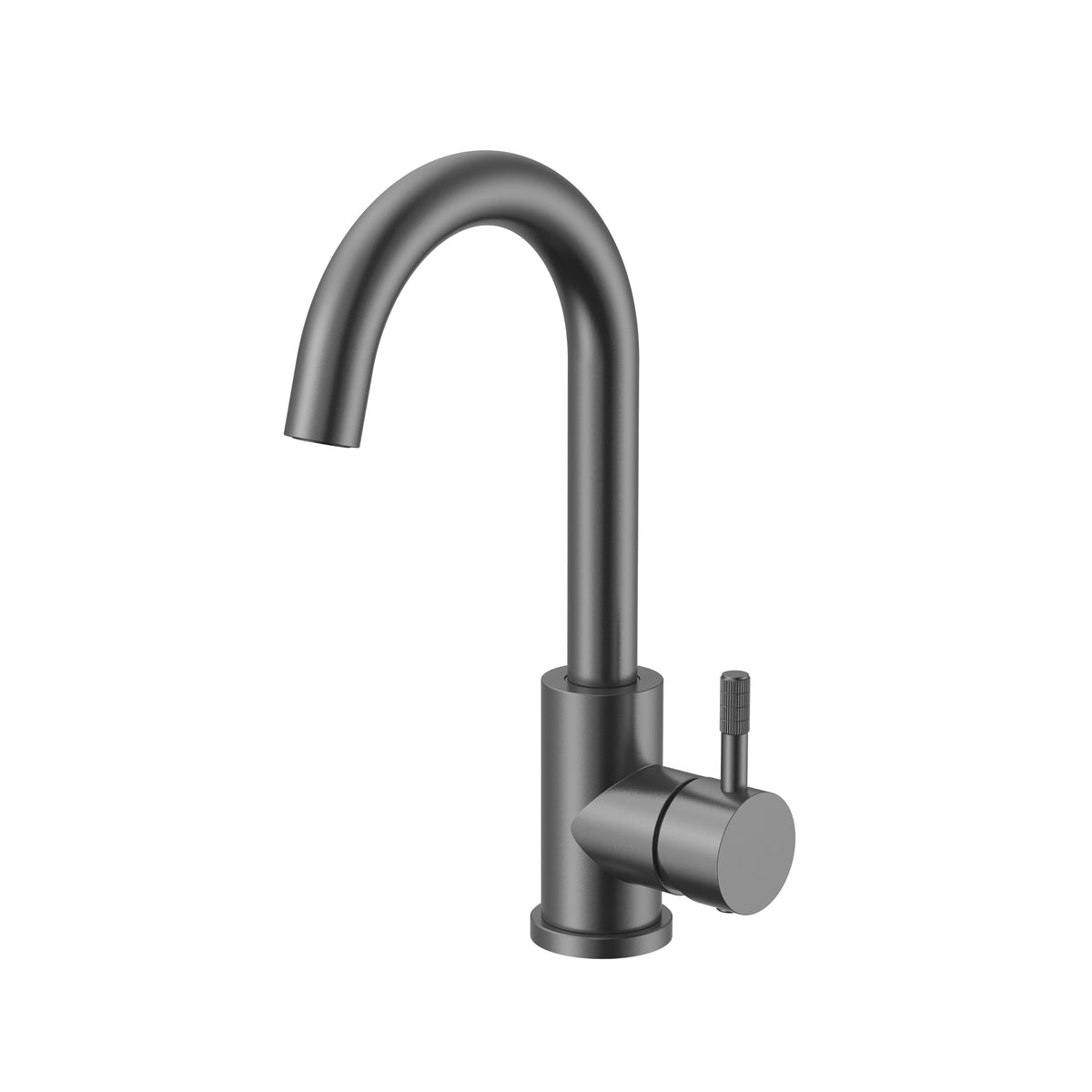 STRIA MITIGEUR LAVABO – BEC COURBÉ – MOBILE – DÉMARRAGE À FROID – POIGNÉE AVEC STRUCTURE STRIÉE RAFFINÉE – SANS BONDE – GUNMETAL (PVD)