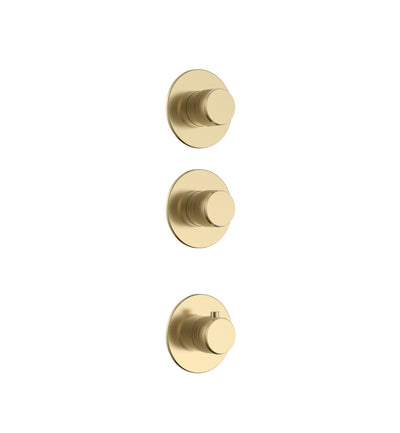 STRIA ÉLÉMENT DE FINITION POUR MITIGEUR DE DOUCHE – 2 VOIES AVEC 2 ROBINETS D’ARRÊT – THERMOSTATIQUE – ENCASTRÉ – RONDE – BOUTONS S AVEC STRUCTURE STRIÉE RAFFINÉE – OR BROSSÉ (PVD)