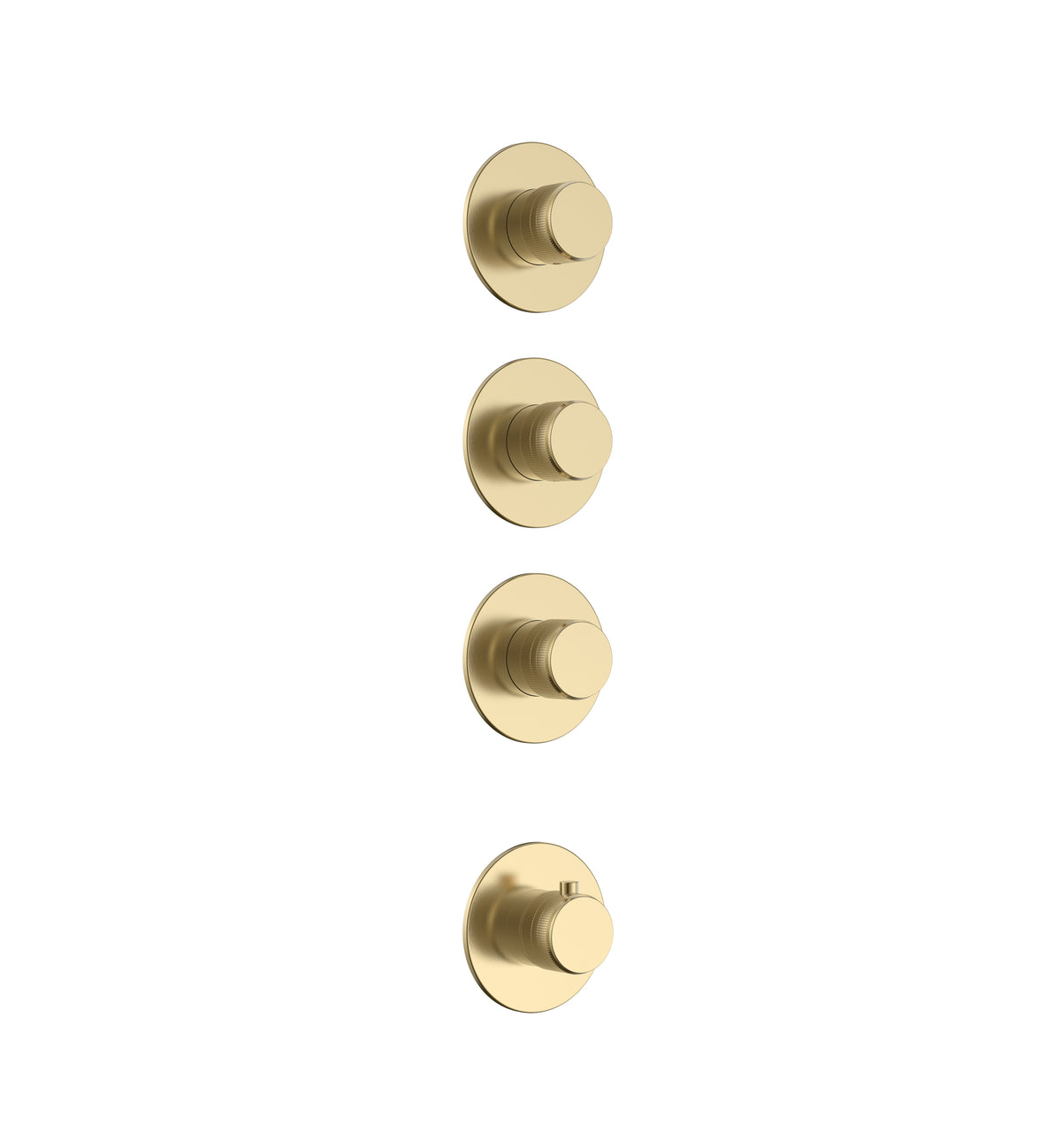 STRIA ÉLÉMENT DE FINITION POUR MITIGEUR DE DOUCHE – 3 VOIES AVEC 3 ROBINETS D’ARRÊT – THERMOSTATIQUE – ENCASTRÉ – RONDE – BOUTONS S AVEC STRUCTURE STRIÉE RAFFINÉE – OR BROSSÉ (PVD)