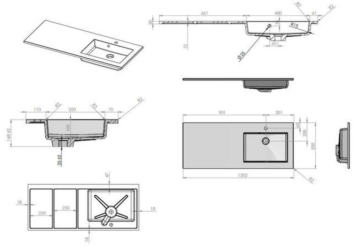 Van Marcke Coste countertop with 1 right-hand basin 1200x500x200mm white