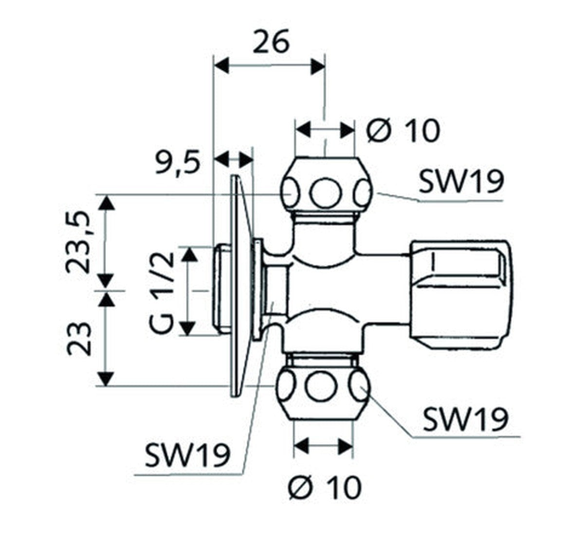 Schell robinet d'équerre avec 2 sorties 3/8"M