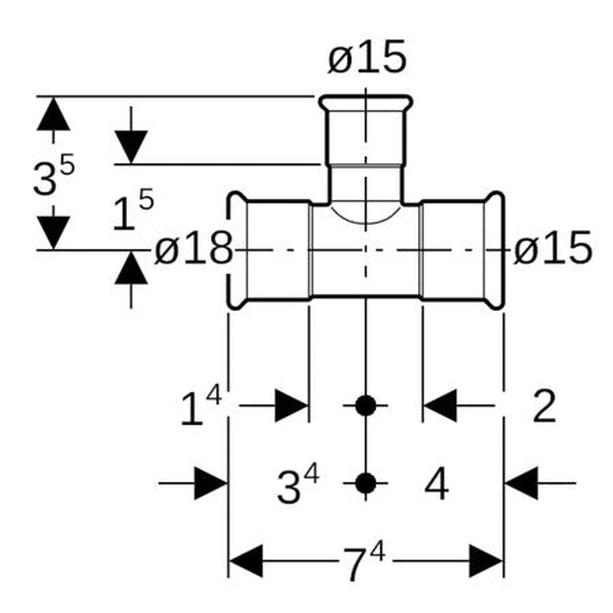 Copper press-fit reducing tee 18x15x15 mm