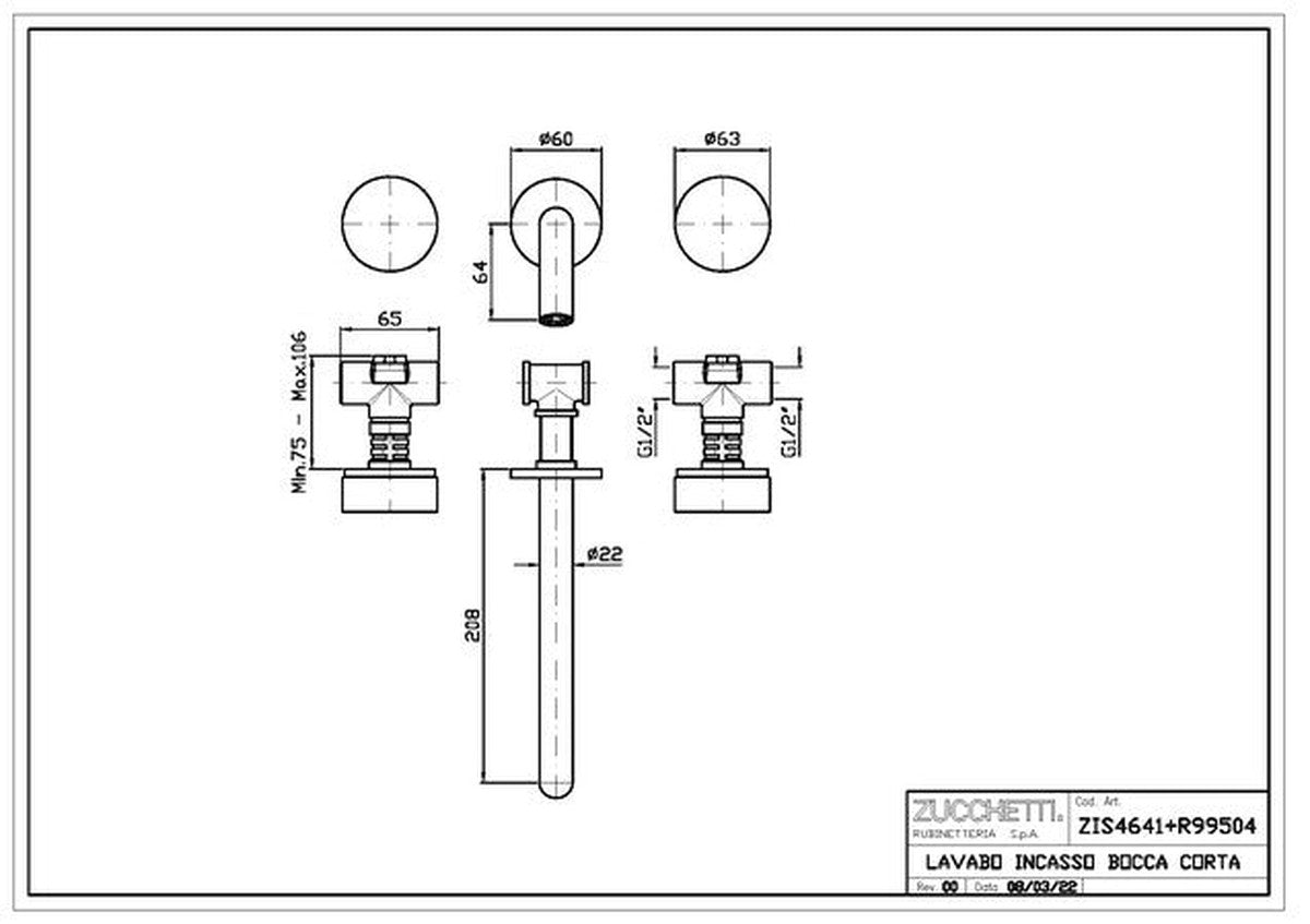 Zucchetti Isy22 Marmo inbouw wastafelkraan 208 mm geborsteld PVD koper