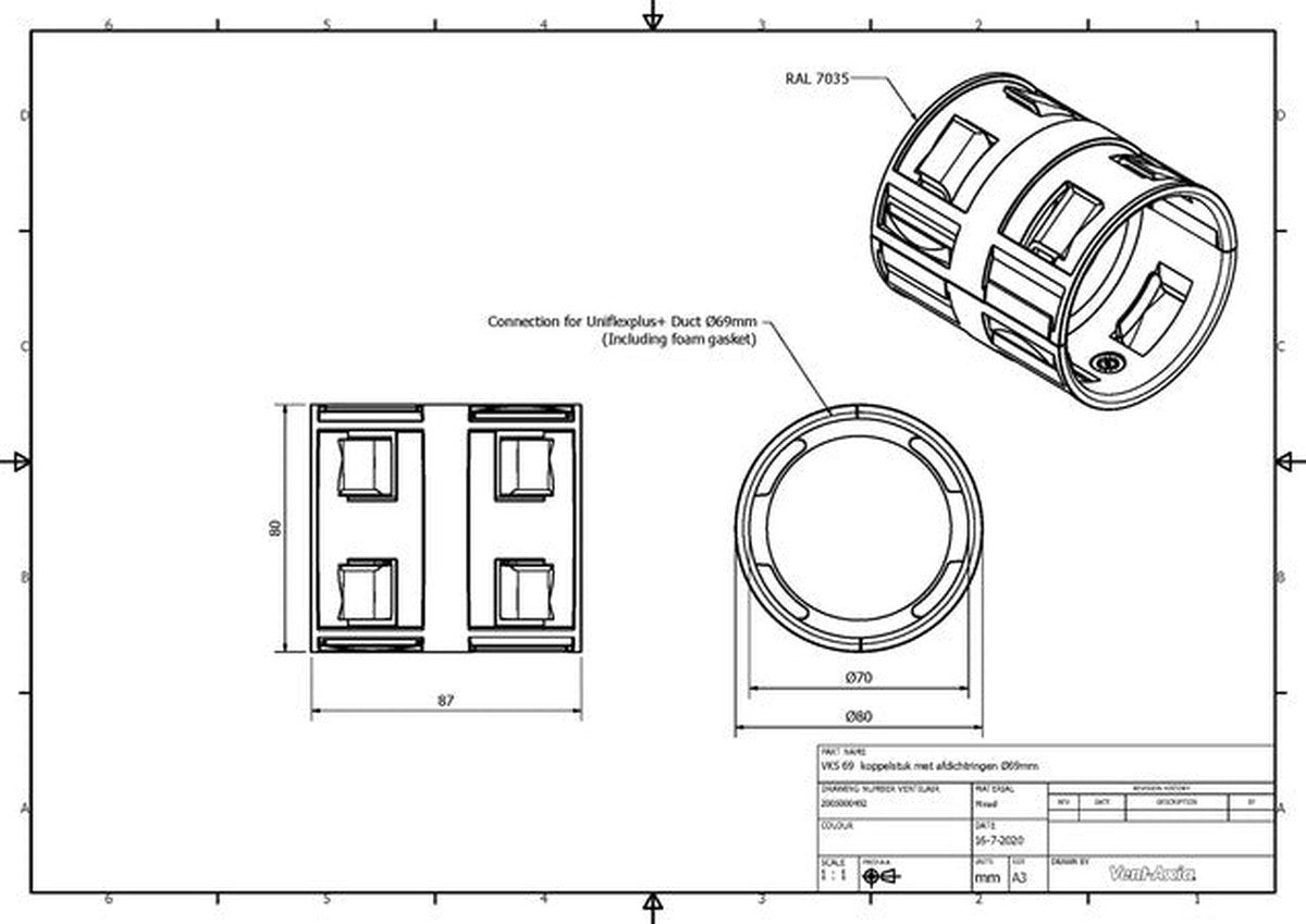Vent-Axia VKS 69 aansluiting met afdichtingen D 69 mm