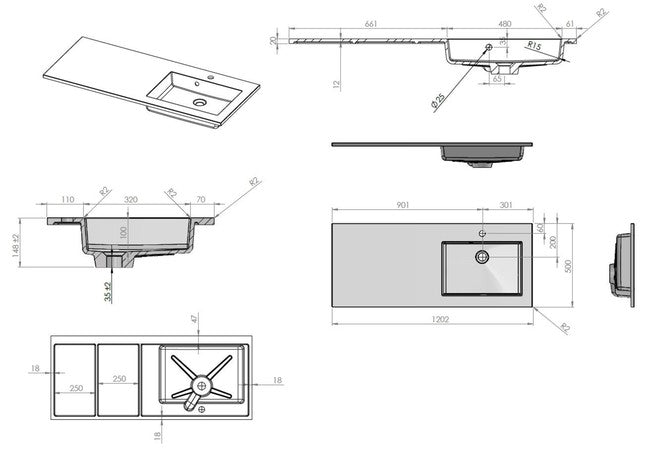 Van Marcke Coste countertop with 1 right-hand basin 1200x500x200mm white